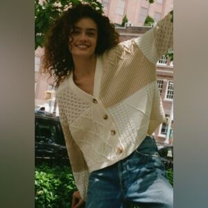 Jessica Simpson Brown and Cream Colorblock Cable Knit Button Up Cardigan - XS